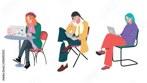 Collection of three young Gen Z women working remotely on laptops. Featuring diverse styles, from cafe working to cozy home office, perfect for freelance and digital nomad themes