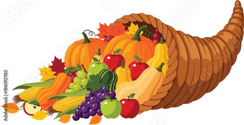 Abundant harvest cornucopia overflowing with seasonal autumn fruits vegetables and colorful fall foliage symbolizing gratitude and plenty
