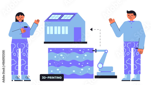 Flat vector illustration of a 3D printed eco home built using local soil