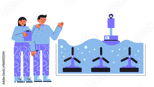Flat vector illustration of a tidal stream generator installed in fast ocean currents
