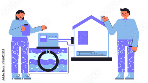 Flat vector illustration of radiant floor heating powered by a ground source heat pump