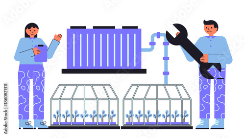 Flat vector illustration of server farm waste heat warming nearby greenhouses