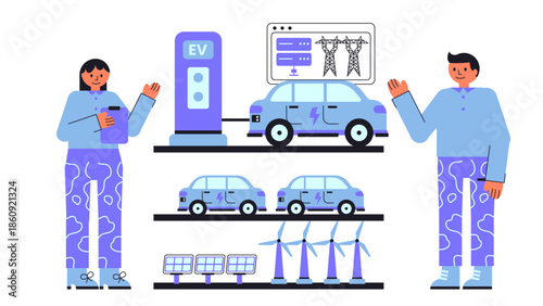 Flat vector illustration of an aggregator managing an electric vehicle fleet for grid services