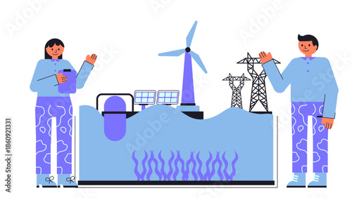 Flat vector illustration of marine permaculture for carbon sequestration and renewable energy