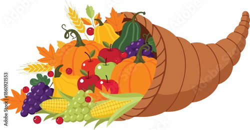 Abundant autumn harvest cornucopia overflowing with colorful fresh fruits vegetables and seasonal decorative foliage illustration design element