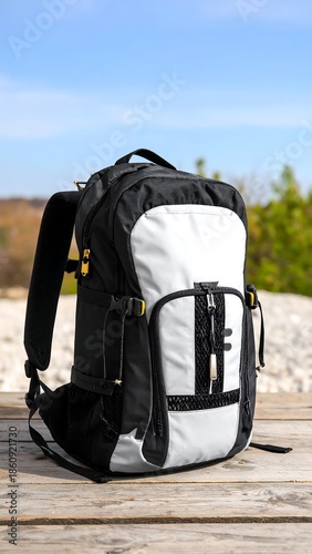 A modern backpack in black and white, sits on a weathered wooden surface against a blurred natural background, likely outdoors