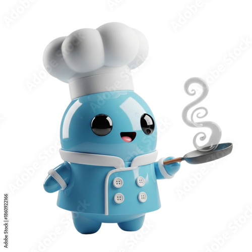 Cute blue 3d cartoon mascot character dressed as a professional chef wearing a tall toque and holding a small frying pan with rising steam isolated on black background for culinary fun