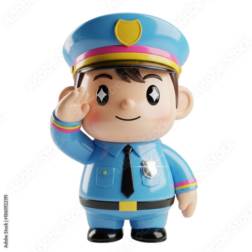 Adorable 3d rendered cartoon police officer character figure giving a respectful salute with a bright shiny badge on a uniform isolated against a black background for use in design projects