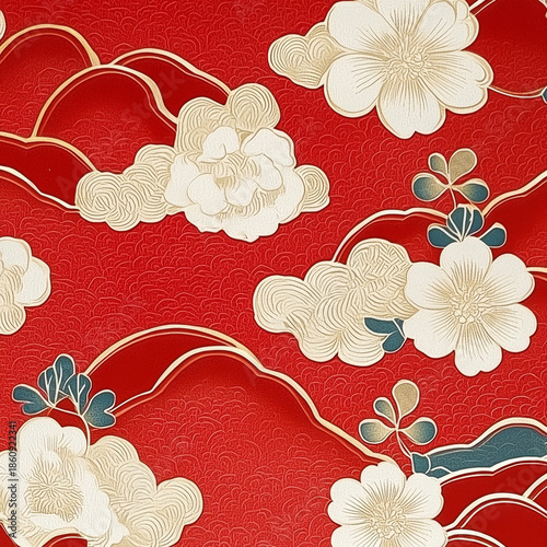 Textured red pattern with elegant white flowers, stylized auspicious clouds, and subtle gold outlines, creating a decorative oriental design