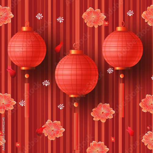 Three red lanterns with tassels float on a striped red background, adorned with vibrant flowers and delicate white accents