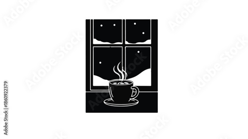 Cozy cup of steaming coffee on a windowsill with a snowy winter scene outside
