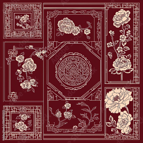 Traditional East Asian red and cream floral patterns with geometric borders, featuring peonies and intricate lattice designs