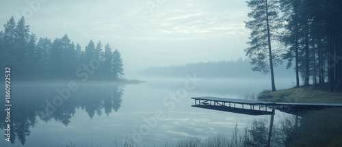 Tranquil misty lake scene with a serene wooden dock extending into calm waters, reflecting the surrounding dense pine forest