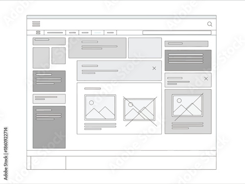 Wireframe design showing a website layout with various content blocks and navigation elements.