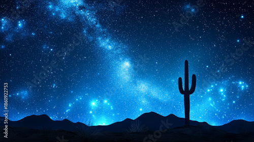 Vibrant blue Milky Way illuminates a desert night, featuring a saguaro cactus silhouette against distant mountains and countless stars
