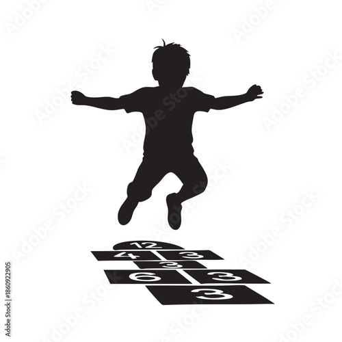 Child playing hopscotch jumping high silhouette boy hopscotch game kid active play outside recreation childhood fun black white illustration
