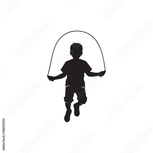 Child skipping rope silhouette boy jumping rope exercise kid active play recreation childhood fun black white illustration fitness activity