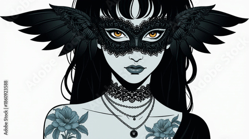 An enigmatic beauty adorned with a black raven mask and intricate blue flower tattoos