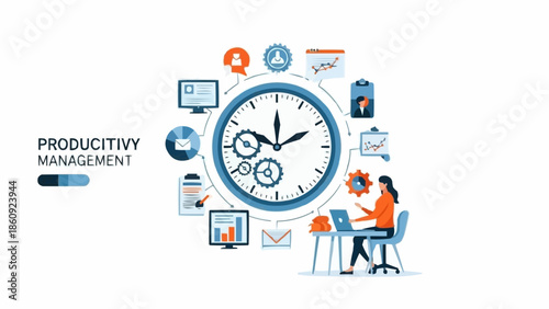 Productivity Management Illustration - Clock, Gears, and a Focused Woman.