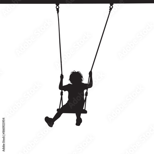 Boy on swing silhouette, vector on white background, child enjoying playground activity, young person swinging high, playful kid having fun, active youth outdoor, childhood joy, recreation scene