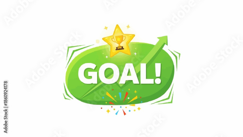 Goal Achievement Celebration with Star and Upward Arrow on Green Oval.