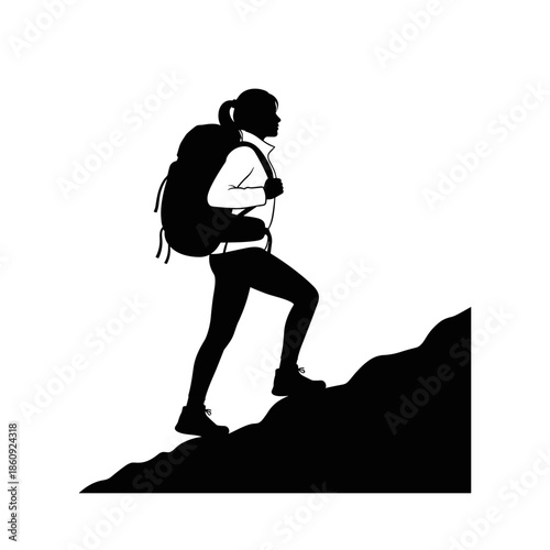 Minimalist black silhouette of a woman with a backpack hiking up a mountain trail, travel concept