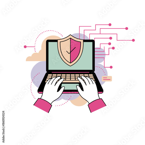 Flat design illustration of a laptop with a security shield for cybersecurity concept
