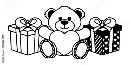 A cute teddy bear with gift boxes on a plain white background
