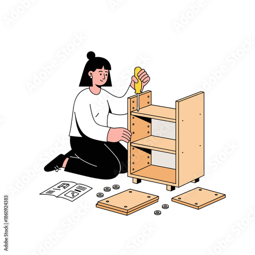 Woman assembling a cabinet using a screwdriver, focused mood, DIY furniture concept
