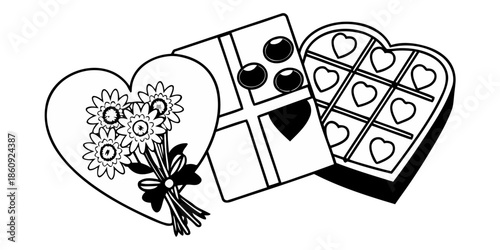 A heart-shaped box of chocolates and flowers illustration