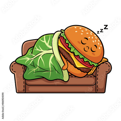 Cute cartoon hamburger sleeping on a couch under a leafy blanket, playful food theme