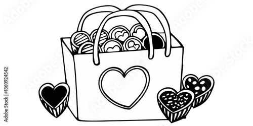 A handbag filled with assorted heart shaped cookies beside heart-shaped cupcakes on a white background