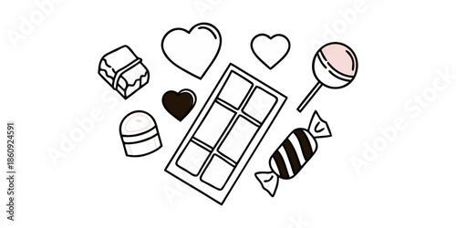 Assorted sweet treats and hearts surrounding an open chocolate box