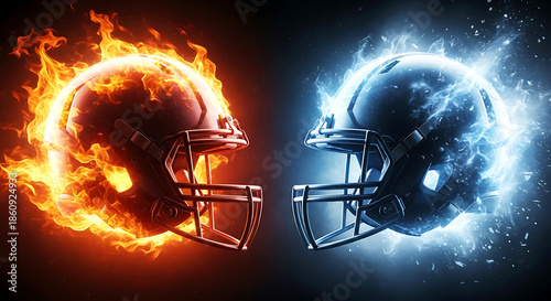 American football helmet engulfed in fire facing one in ice