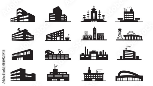 Collection of industrial building silhouettes against a white background