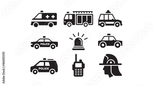 Emergency vehicles and communication devices illustration on a white background