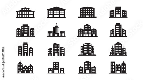 Collection of various building silhouettes against a clean white background