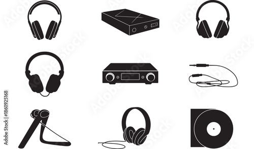 A collection of headphones and audio equipment displayed against a white background