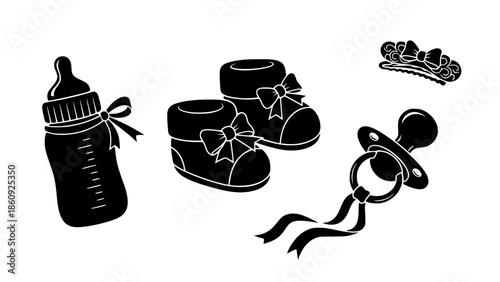 Adorable Baby Essentials Set Featuring Nurser Bottle Soft Booties Soothing Pacifier And A Decorative Hair Clip