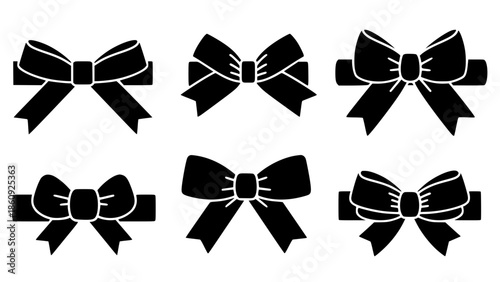 Decorative Gift Bow Set Featuring Various Ribbon Styles Elegant Knot Designs And Symmetrical Black Silhouette Elements