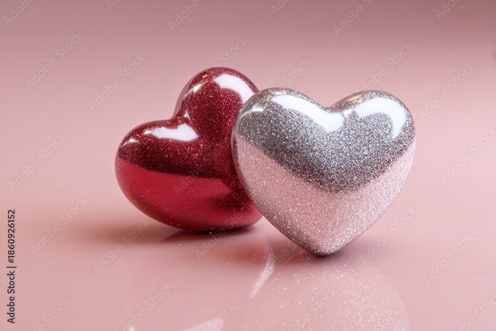 Fototapeta premium Two decorative, glittering hearts rest closely together on a reflective pink surface