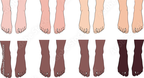 Vector Illustration Set of Human Feet in Various Diverse Skin Tones From Fair to Dark Isolated on Plain White Background Surface