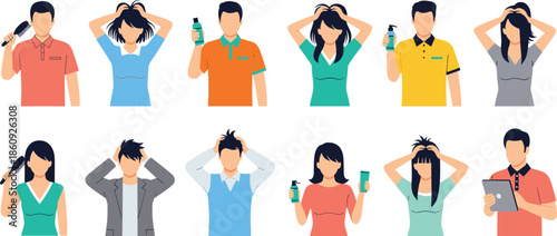 Flat Vector Illustration Set of Diverse People Grooming Hair with Brushes Products and Tablets for Daily Beauty Care Routine and Styling