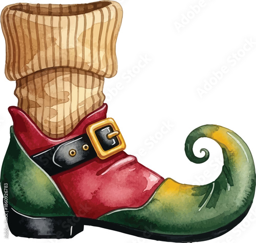 Whimsical Green and Red Elf Boot Illustration on White