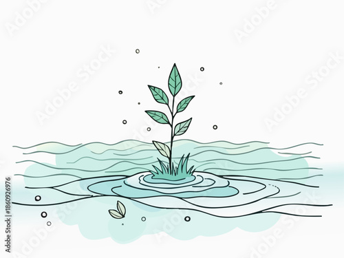 Mindful Doodle of Ocean Wave Watering a Plant for Sustainability Concept