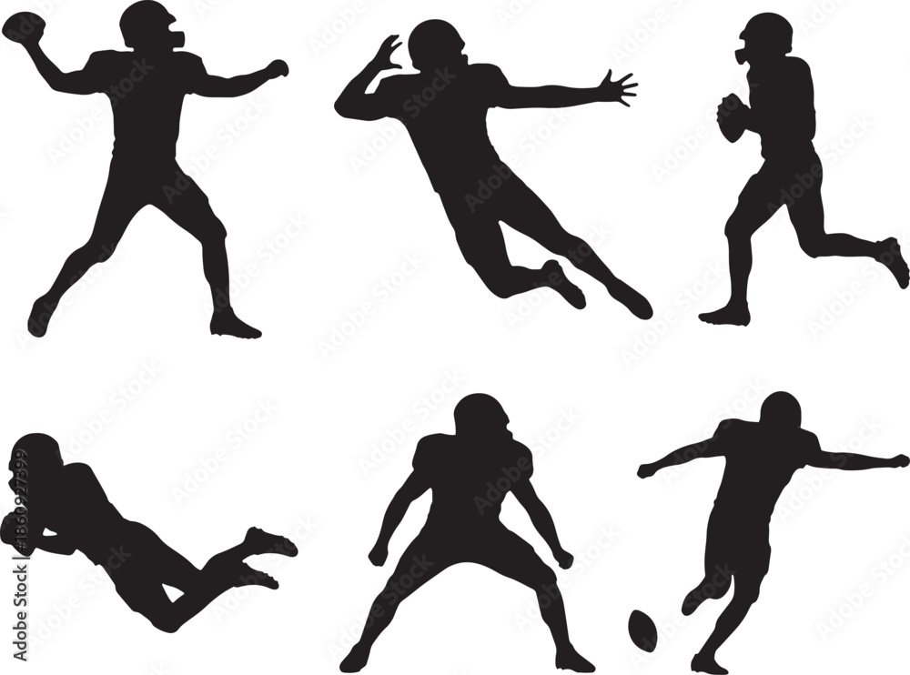 Fototapeta premium American Football Player Silhouettes Vector Set of 6 Action Poses.