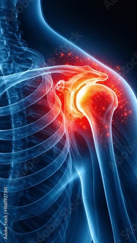 Inflamed shoulder joint medical pain rotator cuff anatomy illustration showing bone inflammation with glowing red hotspot indicating humerus and scapula injury and vivid red and blue lighting