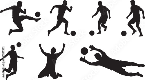Professional Soccer Football Player Silhouettes Set with Action Poses Kicking Dribbling Celebrating.