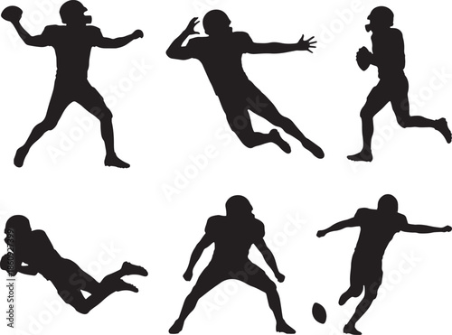 American Football Player Silhouettes Vector Set of 6 Action Poses.