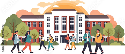 Diverse group of college students walking across the green campus lawn carrying books and backpacks in front of a traditional academic building at sunset